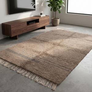 Alfombra de Lana Anudada a Mano de Primera Calidad, Color Taupe Marrón, Diseño Minimalista a Rayas con Flecos para Decoración Moderna del Hogar - Product Image 4