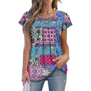 2025 femmes à manches courtes été débardeurs mignon col en v tunique avec Leggings habillé bleu bloc M Blouse - Product Image 1