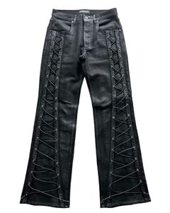 <b>Black</b> Lace-Up Leather Straight Formal High Waist Skinny Full Length Women's <b>Trousers</b> Winter Wear - Product Image 3