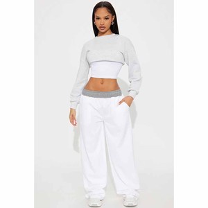Women's 2 Piece Casual Set <b>White</b> <b>Cropped</b> Sweater <b>With</b> <b>Long</b> Pants Loose Fit Full <b>Sleeve</b> Crew Neck Solid Color Knitted Cotton - Product Image 6