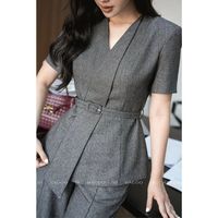 Blouse élégante décontractée pour femme HAGOO, col long, manches courtes, style journaliste, col en V, avec ceinture, pour bureau, été et automne, vente en gros