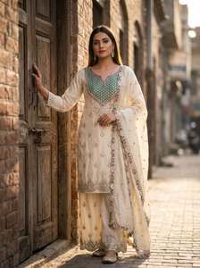 Designer Embroidery Coding Sequence Work With Mirror And Diamond Work Chinon Silk <b>Top</b> With Bottom And Dupatta Fully Stitched - Product Image 2