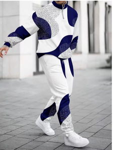 Chándal para hombre de poliéster con bloques de color blanco y azul, de longitud completa, con media cremallera, cierre con cordón y bolsillos laterales, estilo urbano, para otoño. - Product Image 1
