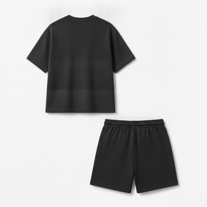 Men's Eco-friendly Black Cotton Fleece T-Shirt Set Crew Neck Short Sleeve Solid Color Casual Summer Wear Knitted Fabric - Product Image 2