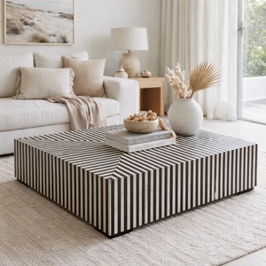 Mesa de Centro de Madera Hecha a Mano con Incrustaciones de Hueso, Diseño Geométrico Ovalado Chevron, Muebles Modernos para el Hogar, Proveedor de India - Product Image 4