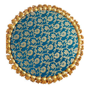 Plateau décoratif traditionnel en brocart vert sarcelle - Base de thali ethnique artisanale pour Puja - Tapis rond festif pour la décoration intérieure et cadeau de mariage - Product Image 5