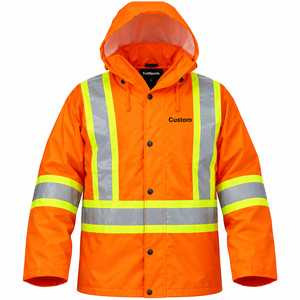 Men's High Visibility <b>Orange</b> Reflective Rain <b>Jacket</b> With Removable Hood Waterproof Workwear Safety Coat - Product Image 2