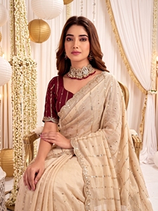 AARA Fashion Beige Seidensari mit weinroter Bluse – Traditionelle Hochzeitskleidung für Damen, bodenlang, normale Passform, Indien-Pakistan-Stil - Product Image 4