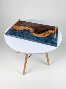 Bespoke Burl Wood Navy Blue <b>Epoxy</b> Resin Serving Tray Rose Gold Handles Luxury Charcuterie Board Decorative Kitchen - Product Image 1