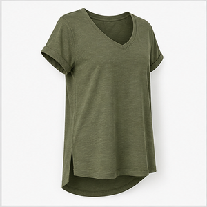 Camiseta Larga de Mujer, Cuello en V, Manga Corta, Color Verde Oliva, Modelo WTS-0015 - Product Image 4