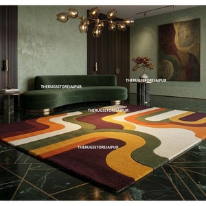 Tapis géométrique rétro en laine tuftée à la main, grand format, orange, vert olive, moutarde, bordeaux, à poils ras, pour salon moderne - Product Image 4