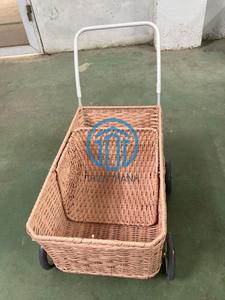 Wholesale Natural Rattan Kids <b>Storage</b> Trolley Children Toy Organizer <b>Cart</b> Baby Nursery Rolling <b>Storage</b> Basket Montessori OEM ODM - Product Image 3
