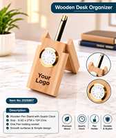 Organisateur de bureau en bois de qualité supérieure avec horloge et porte-stylos |   Organisateur de bureau en bois personnalisé pour accessoires de bureau