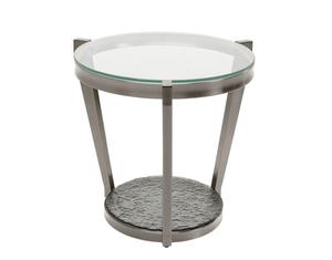 Mesas auxiliares y de centro únicas con tapa de metal dorado y vidrio, con un diseño audaz, perfectas para hogares, espacios rústicos e interiores de casas de campo. - Product Image 4