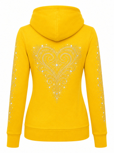 Custom Women's Yellow Rhinestone Hoodie Filigree <b>Heart</b> Crystal Embellished Sleeve Pullover Heavyweight <b>Sweatshirt</b> Wholesale OEM - Product Image 2
