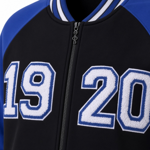 Veste polaire Zeta Black 1920 Varsity bleue avec manches contrastantes, fermeture éclair intégrale, numéro en chenille, bordure côtelée, vêtement d'extérieur décontracté chaud et de qualité supérieure - Product Image 5