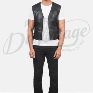 Chaleco de cuero genuino negro para hombre, con cordones laterales, sin mangas, corte ajustado, cuello en V, cremallera frontal, estilo casual, tipo motero. - Product Image 5