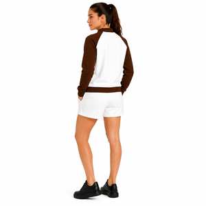 Women's Two Piece Shorts <b>Set</b> White Brown Raglan Sleeve Bomber Jacket Casual Winter Knitted Cotton High Street Reversible O-Neck - Product Image 6