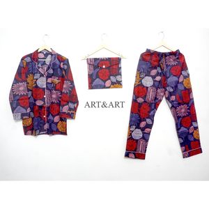Ensemble de pyjama pour femme, imprimé floral, élégant et magnifique, fait main, 100% coton, taille élastique, manches longues, longueur complète - Product Image 4