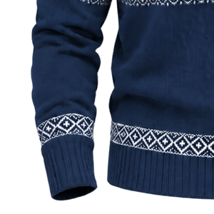 Suéter Azul Marino para Hombre, Estilo Fair Isle, Cuello con Botones, Manga Larga, Tejido de Punto, Patrón Geométrico, Acanalado, Casual de Otoño, 100% Algodón - Product Image 6