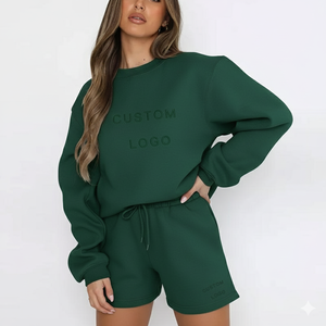 Conjunto Deportivo de Dos Piezas para Mujer, de Invierno, Color Sólido, Informal, Sudadera con Cuello Redondo y Pantalones Cortos Personalizables, 100% Algodón, de la Mejor Calidad - Product Image 1