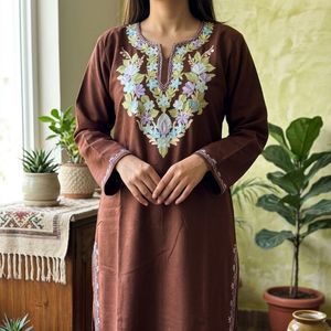 Chocolate Brown Kashmiri Pheran <b>Kurti</b> with Pastel Floral Embroidery - Product Image 3