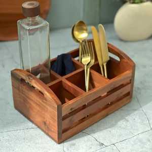 6 Compartment Wooden Cutlery Caddy Vintage Slatted Flatware <b>Storage</b> Box <b>Tabletop</b> Condiment Spice Bottle Utensil Holder - Product Image 1