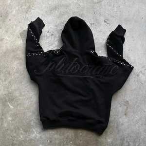 Gothic Men's Black Rhinestone Stud Trimmed Zip Hoodie- Heavyweight Sweatshirt with Cursive Letter Embroidery & Pockets - Product Image 2