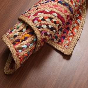 Tapis en jute en forme d'arc-en-ciel, semi-circulaire, en fibres naturelles, avec tresses multicolores audacieuses brodées, idéal pour les entrées, les chambres d'enfants et les mariages - Product Image 3