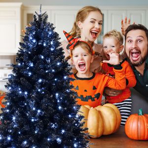Albero di Natale Artificiale Nero con LED da 210 cm, Rami Misti e Base Pieghevole a Cerniera - Product Image 1