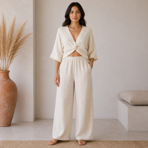 Haut court en tricot pour femme, col en V profond, torsadé sur le devant, coupe décontractée, manches larges, léger et respirant |   Haut décontracté pour l'été, idéal pour la superposition - Product Image 3
