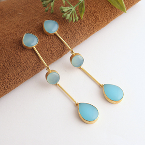 Natural blue chalcedony dangle drop <b>earring</b> brass metal 18k gold plating long hanging dangle <b>earring</b> for women - Product Image 4