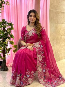 Rani Pink Soft Silk Embroidered <b>Saree</b> with Paisley Border Traditional Wedding Party Diwali <b>for</b> <b>Women</b> - Product Image 4