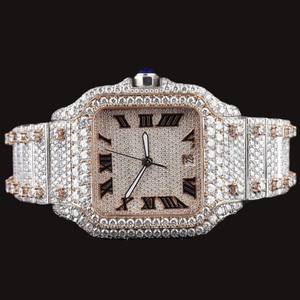 Reloj de Lujo con Caja Cuadrada, Esfera con Números Romanos, Totalmente Adornado con Diamantes Moissanite, Acero Inoxidable de Dos Tonos, Joyería Personalizada Nueva - Product Image 5