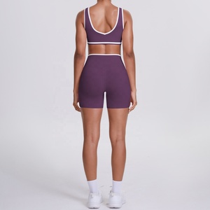 Purple Two-Piece Yoga Set Racerback <b>Crop</b> <b>Top</b> High Waist Shorts Seamless Contrast Binding Four-Way Stretch - Product Image 4