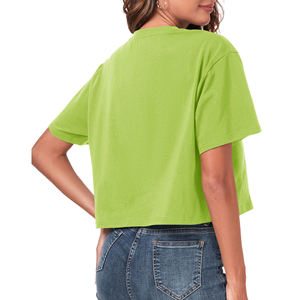 T-shirt court en jersey décontracté pour femme, vert lime, à manches courtes, col rond, coupe ample, printemps-été, 100 % coton, respirant, tricoté - Product Image 3