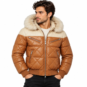 Blouson Bomber matelassé en cuir de vachette pour homme, color block, chaud et respirant pour l'hiver, écoresponsable, coupe-vent, fermeture éclair frontale, style moto - Product Image 1