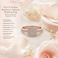 Bague de mariage pour femme avec diamant rond véritable de 0,75 carat |   Bague de fiançailles halo en or rose 14 carats, bijoux de mariage de luxe haut de gamme, cadeau