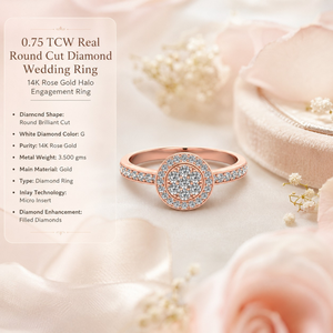 แหวนแต่งงานเพชรทรงกลมแท้ 0.75 กะรัต สำหรับผู้หญิง |   แหวนหมั้นโรสโกลด์ 14K พร้อมดีไซน์รัศมี ของขวัญเครื่องประดับเจ้าสาวสุดหรูระดับพรีเมียม - Product Image 5