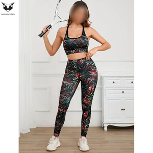 Dark Botanical Print High Rise Workout Tights Women <b>Cross</b> Back Running Bra Quick Dry Two Piece Performance Training Sets - Product Image 4