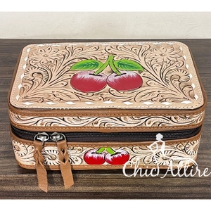 OEM ODM New Hand <b>Tooled</b> Leather Jewelry Case Cheery Design Genuine Cow Leather <b>Small</b> Travel Jewelry <b>Box</b> with Zipper for Women's - Product Image 1