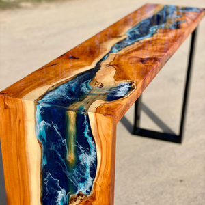 Table console en bois massif à bord naturel avec résine époxy, design moderne et actuel, motif rivière, pour décoration de mariage, salon et maison - Product Image 5