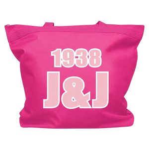 กระเป๋าโท้ท Jack & Jill พร้อมตัวอักษรกรีกและปีก่อตั้ง สีชมพู กระเป๋าเดินทางลำลองสำหรับช้อปปิ้ง กระเป๋าถือพรีเมียมสำหรับเสื้อผ้า จำหน่ายส่ง - Product Image 1