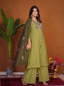 <b>Women</b> Green Embroidered <b>Kurta</b> Set With Palazzo And Dark Olive Dupatta - Product Image 6