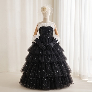 Robe de fête classique noire à paillettes, robe de soirée de luxe en tulle pour filles, Noël, Nouvel An, performance, sur mesure OEM ODM - Product Image 1