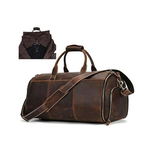 Brown Genuine <b>Leather</b> <b>Duffle</b> <b>Bag</b> Zipper Closure Adjustable Strap 30-40L Capacity Men Casual Travel <b>Bag</b> - Product Image 1