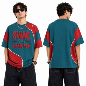 Camiseta Oversize de Color Único con Bloques de Color, Manga Corta, Cuello Redondo, Estilo Urbano, Ribete en Contraste, Estampado de Letras, Algodón con Relieve - Product Image 6