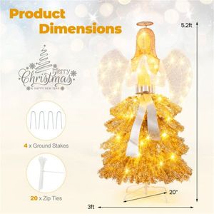 Albero di Natale a forma di angelo personalizzabile da 1,57 m preilluminato con 150 LED bianco caldo, design oro/bianco, figura d'angelo e foglie scintillanti - Product Image 4