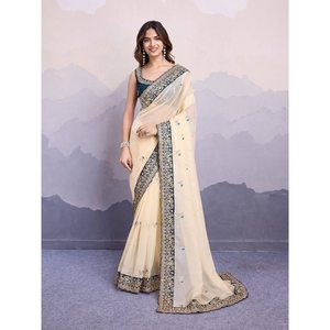 Sari en organza fantaisie brodé avec un chemisier non cousu - Product Image 1