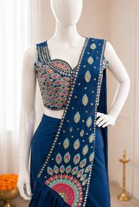 Conjunto de Saree de Satén Azul Bordado para Mujer, Estilo Indio Moderno para Bodas, Fiestas, Diwali, Blusa sin Mangas, Dupatta, Corte en A - Product Image 5